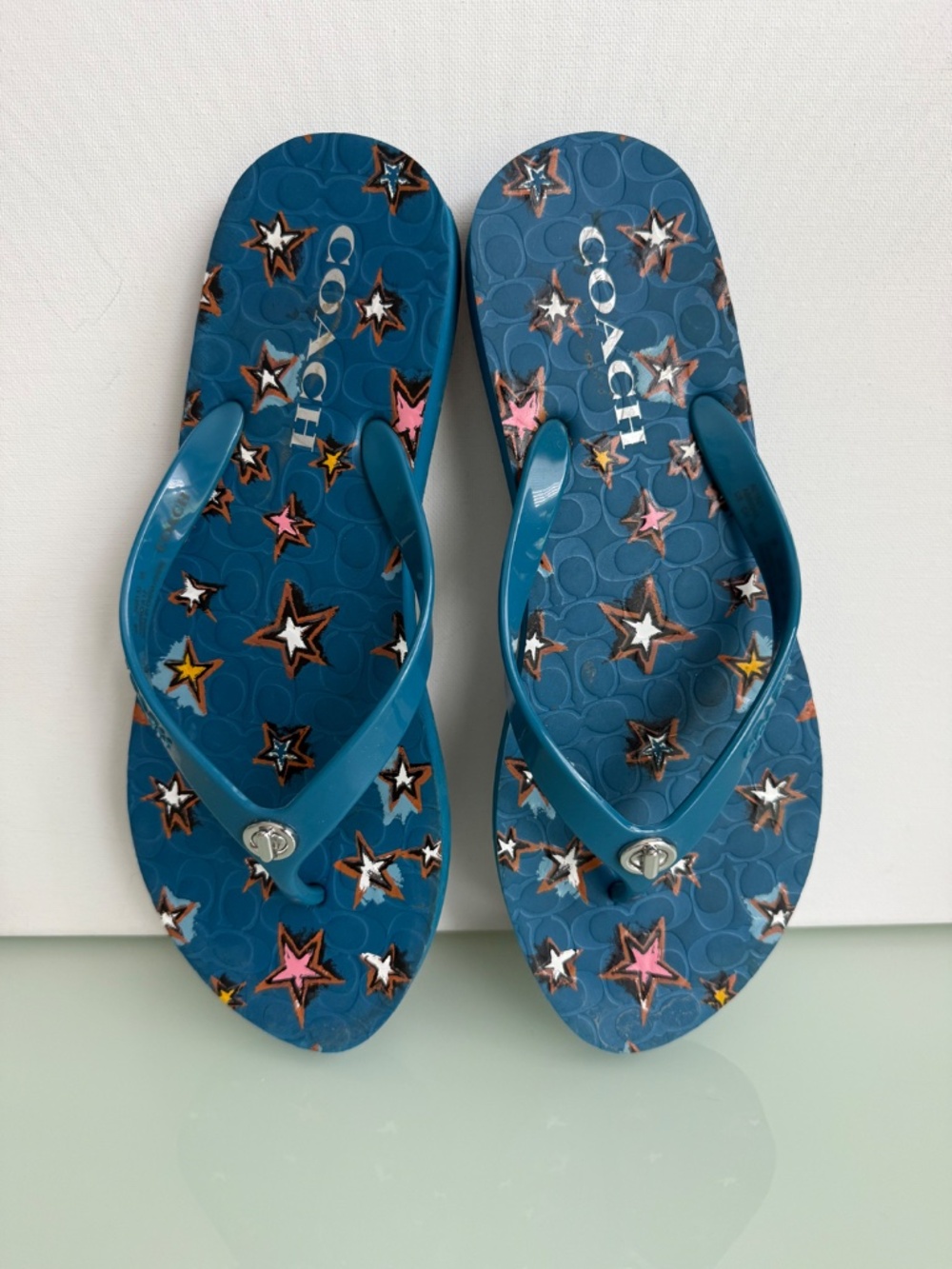 Coach Abbigail Flip Flop Sandals Teal Blue Star Detail Size 7/8 - Picture 2 of 14